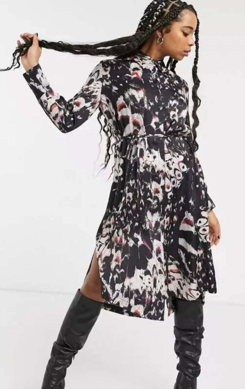 AllSaints Anya Wing Button-Down Shirt Dress in Abstract Print